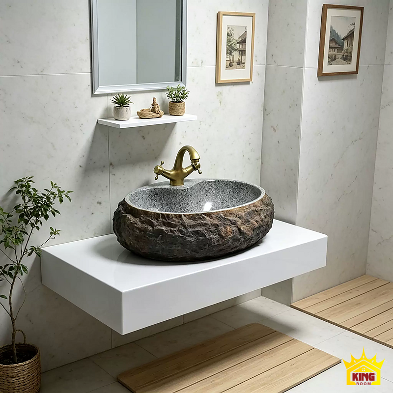 Lavabo đá cuội oval nâu xám – Chậu oval nâu xám phối vòi màu đồng trên bàn trắng cạnh tường sáng Chậu oval nâu xám phối vòi màu đồng trên bàn trắng cạnh tường sáng