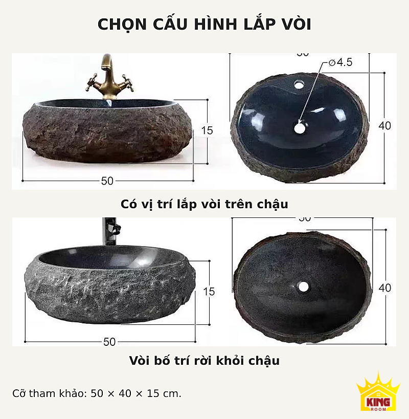 Lavabo đá cuội oval nâu xám – Hai cấu hình lắp vòi và kích thước chậu tham khảo 50 × 40 × 15 cm Hai cấu hình lắp vòi và kích thước chậu tham khảo 50 × 40 × 15 cm