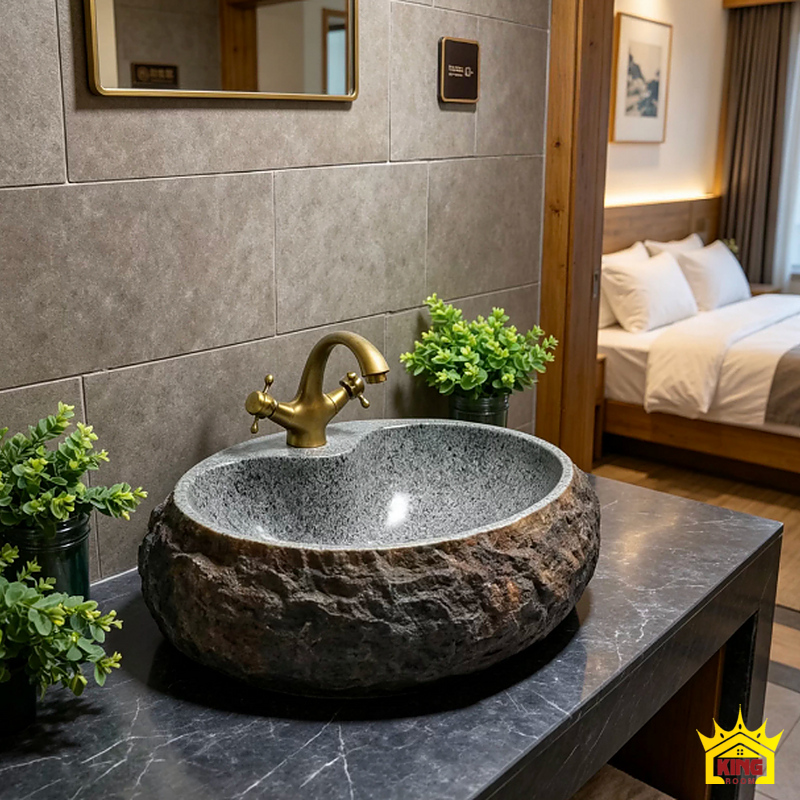 Chậu oval phối mặt bàn tối, tường gạch và cây xanh