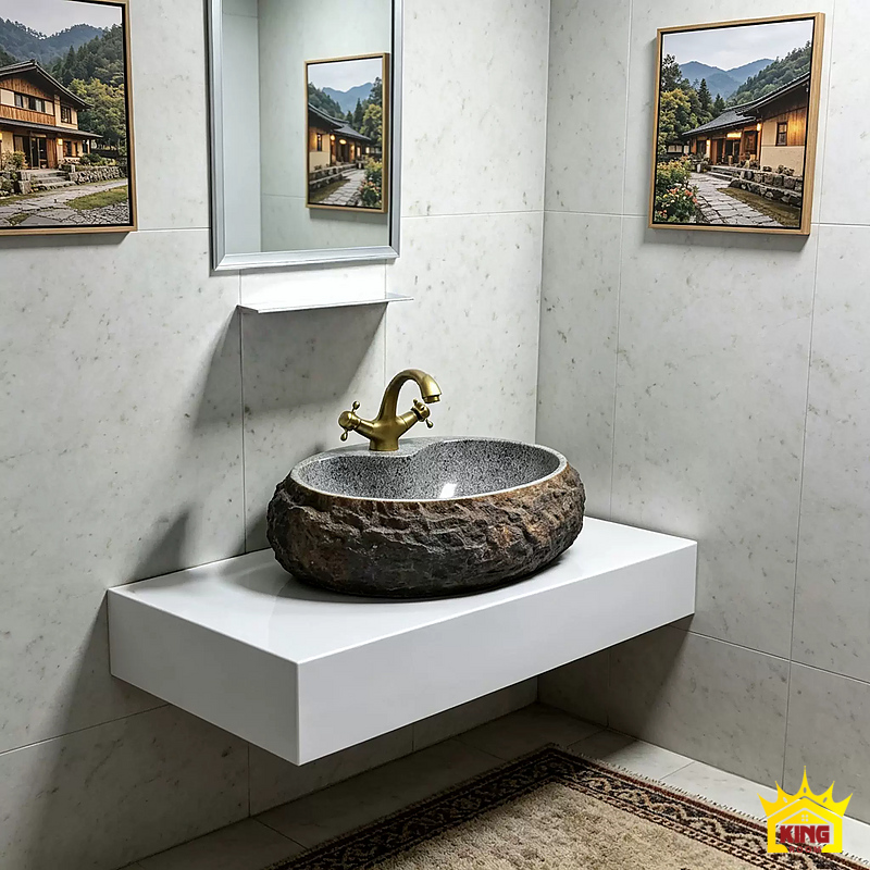 Lavabo đá cuội oval nâu xám – Góc kê chậu trên bàn trắng cho thấy phần miệng nổi và khoảng phía sau Góc kê chậu trên bàn trắng cho thấy phần miệng nổi và khoảng phía sau