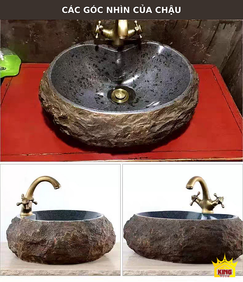 Lavabo đá cuội oval nâu xám – Ba góc chụp giúp đối chiếu hình dáng miệng, thành và vị trí vòi Ba góc chụp giúp đối chiếu hình dáng miệng, thành và vị trí vòi
