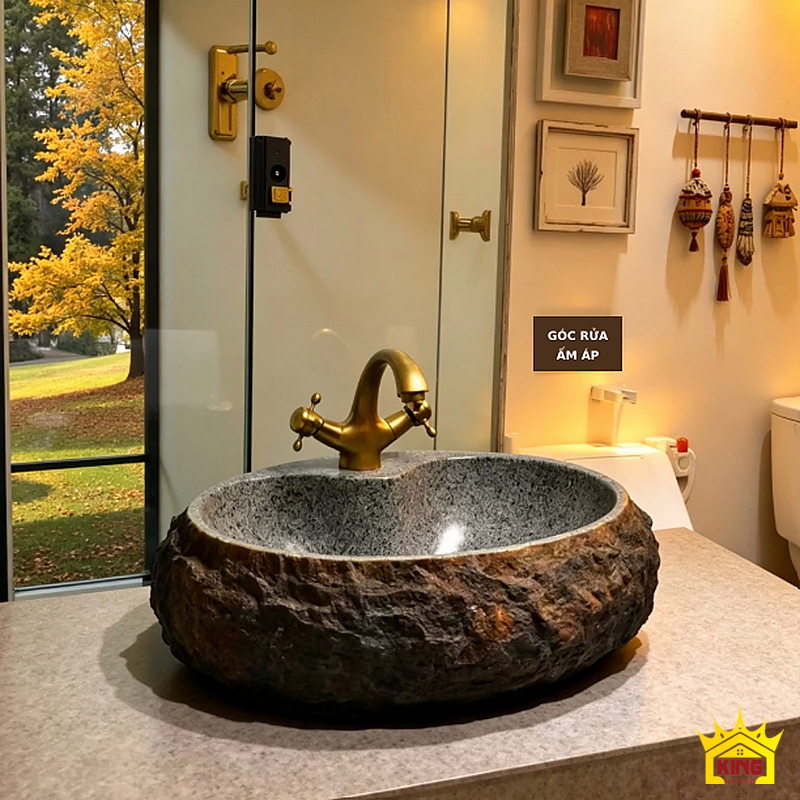 Góc rửa tay với chậu oval nâu xám dưới ánh đèn ấm