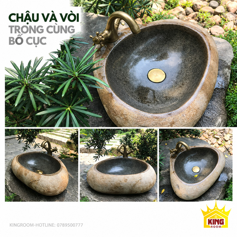 Bốn góc lavabo đá cuội tam giác trên mặt kê, thể hiện vòi bố trí ở phần đá phía sau lòng chậu