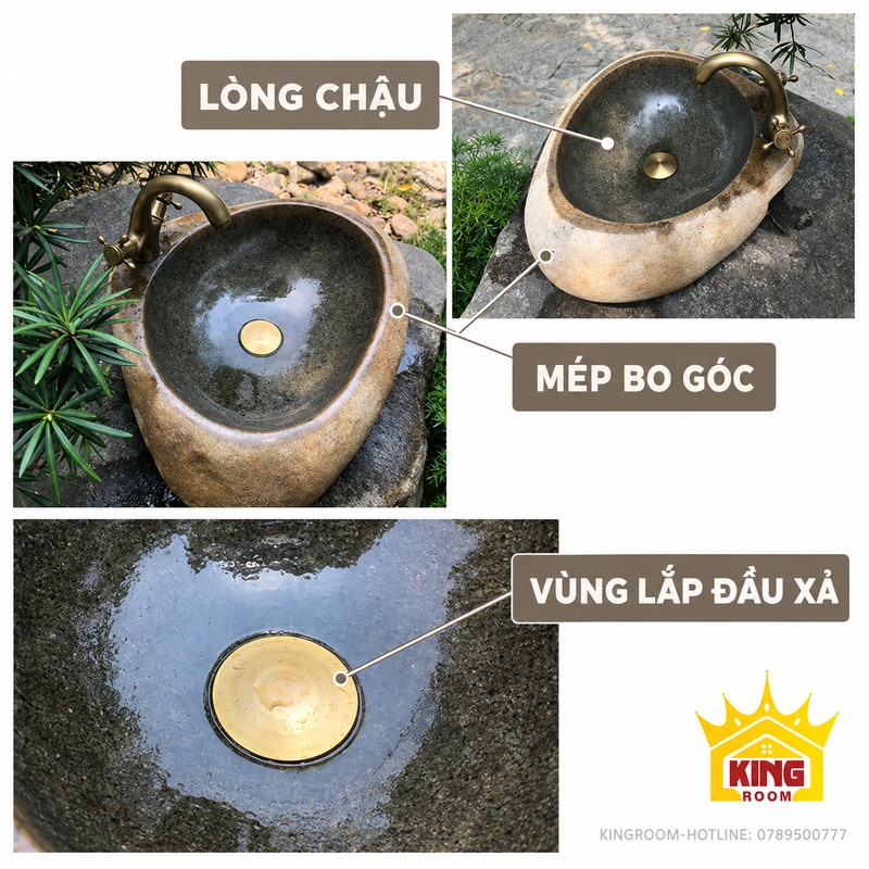 Ảnh chi tiết lòng xám sẫm, mép bo và nắp xả tông đồng của lavabo đá cuội tam giác