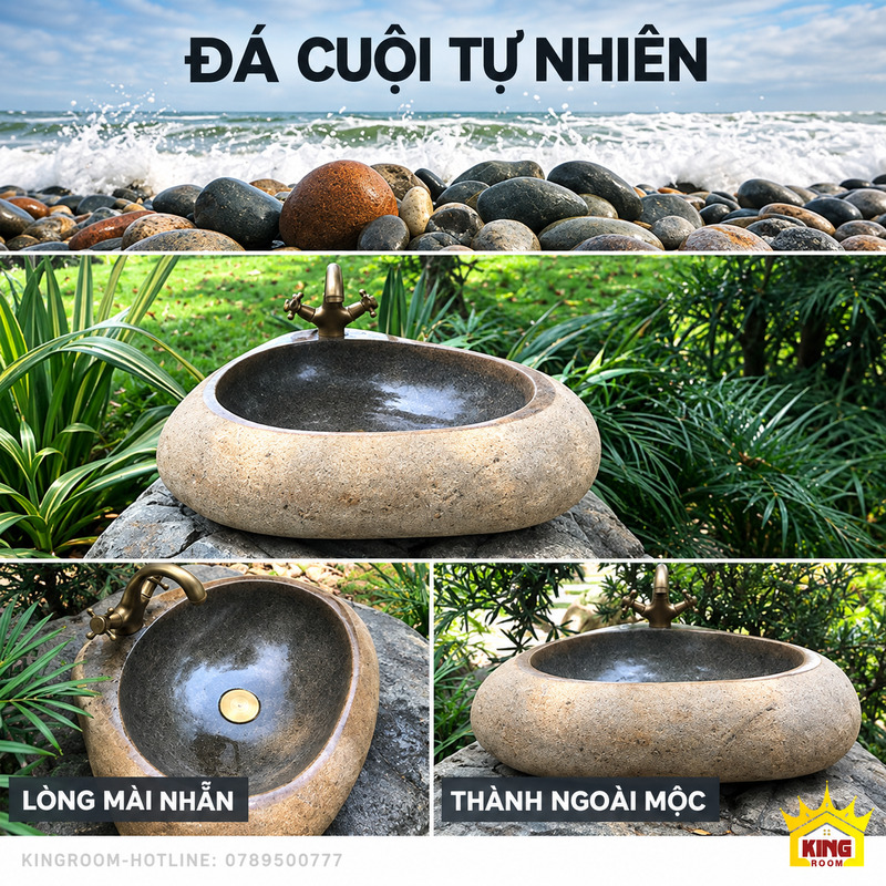 Ảnh ghép đá cuội tự nhiên cùng chi tiết lòng mài nhẵn và thành ngoài mộc của chậu tam giác