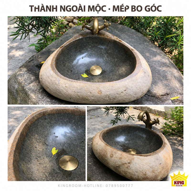 Ba góc chậu đá cuội tam giác thể hiện thành ngoài be mộc và đường miệng bo góc