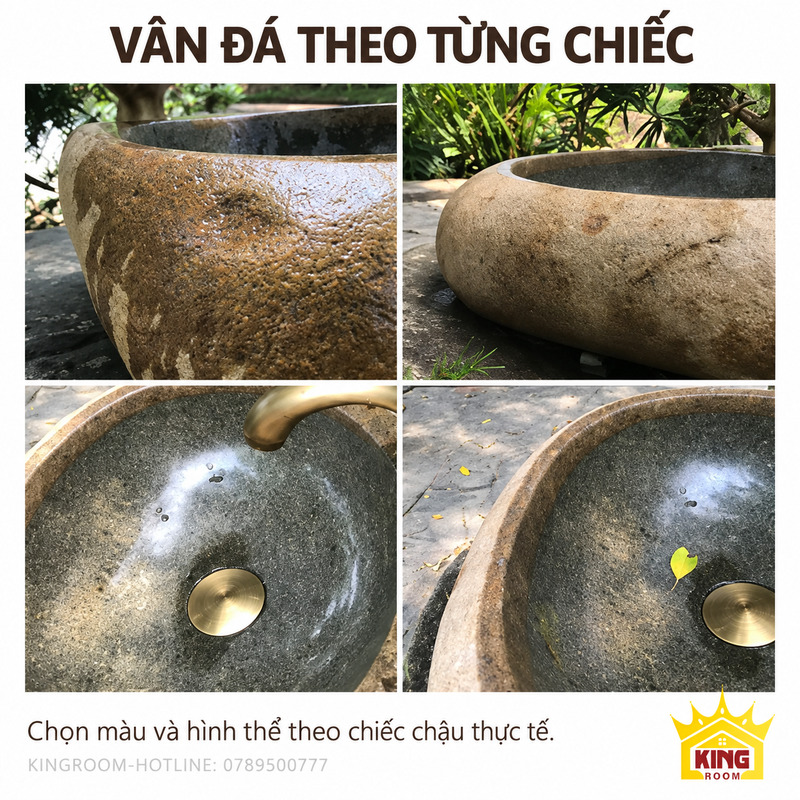 Bốn ảnh cận cảnh sắc đá, vân và bề mặt lòng, thành ngoài của lavabo đá cuội tam giác