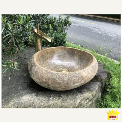Chậu tròn ghi be phối vòi trên bệ đá