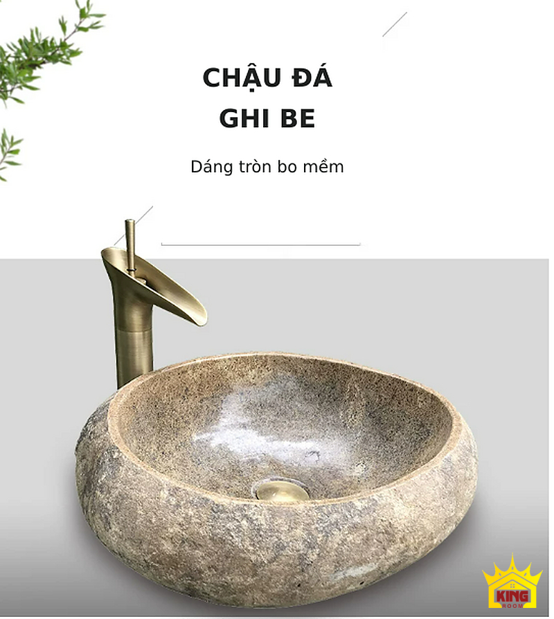 Lavabo đá cuội tròn ghi be – Chậu tròn ghi be và vòi tông đồng trên nền sáng Chậu tròn ghi be và vòi tông đồng trên nền sáng