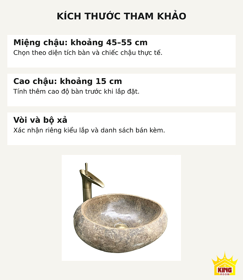Lavabo đá cuội tròn ghi be – Cỡ miệng và chiều cao tham khảo của chậu tròn ghi be Cỡ miệng và chiều cao tham khảo của chậu tròn ghi be