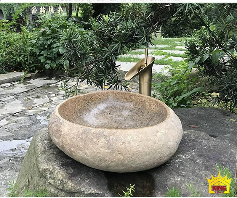 Lavabo đá cuội tròn ghi be – Góc nhìn nghiêng của chậu tròn ghi be và khoảng vươn vòi Góc nhìn nghiêng của chậu tròn ghi be và khoảng vươn vòi