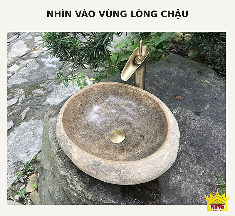 Lavabo đá cuội tròn ghi be – Góc từ trên của lòng mài nhẵn và bộ xả ở giữa chậu Góc từ trên của lòng mài nhẵn và bộ xả ở giữa chậu