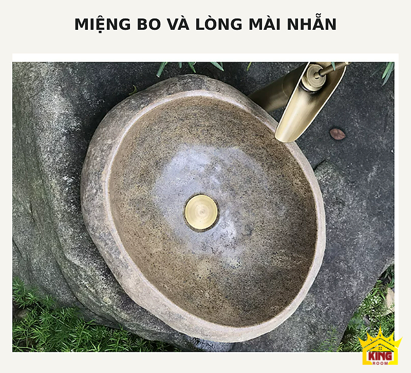 Lavabo đá cuội tròn ghi be – Cận cảnh đường miệng bo và vùng lòng chậu mài nhẵn Cận cảnh đường miệng bo và vùng lòng chậu mài nhẵn