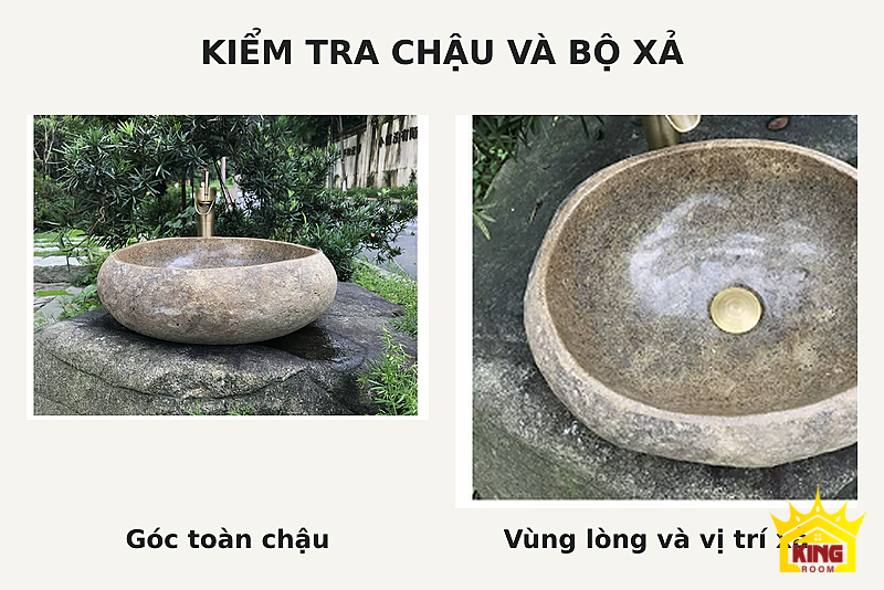 Lavabo đá cuội tròn ghi be – Góc toàn chậu và lòng chậu để đối chiếu vị trí thoát Góc toàn chậu và lòng chậu để đối chiếu vị trí thoát
