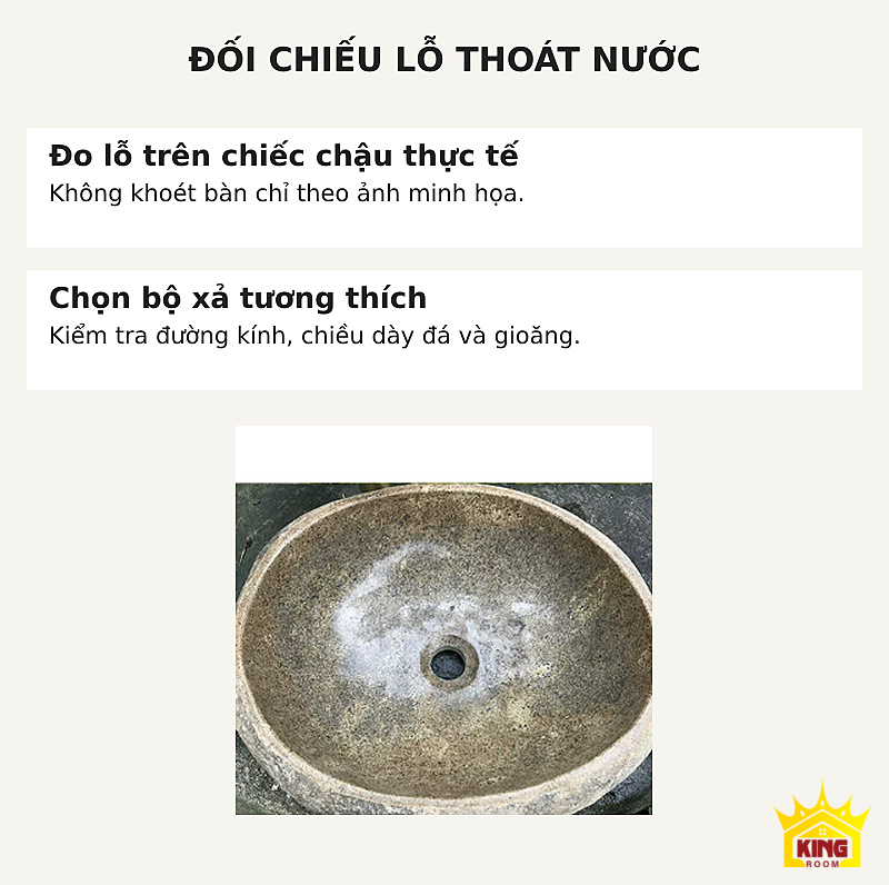 Lavabo đá cuội tròn ghi be – Chi tiết lỗ xả cần đo thực tế trước khi chọn bộ phụ kiện Chi tiết lỗ xả cần đo thực tế trước khi chọn bộ phụ kiện