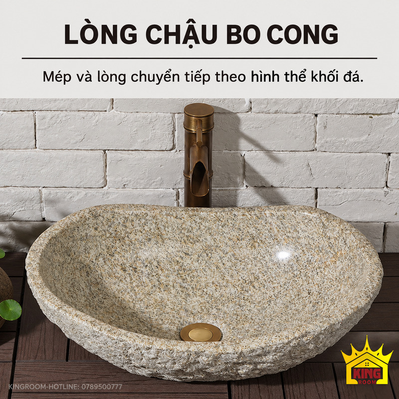 Chậu lavabo đá cuội tự nhiên nhìn chính diện, lòng bo cong và mép chuyển nhẹ theo khối đá
