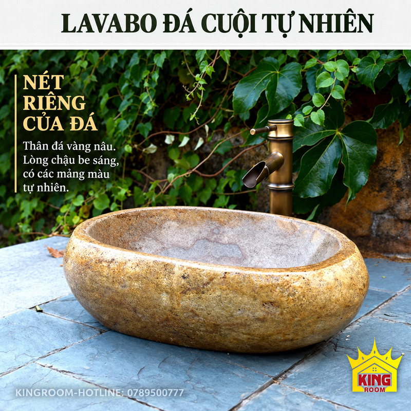 Lòng lavabo đá cuội tự nhiên màu be sáng với các mảng màu đá riêng