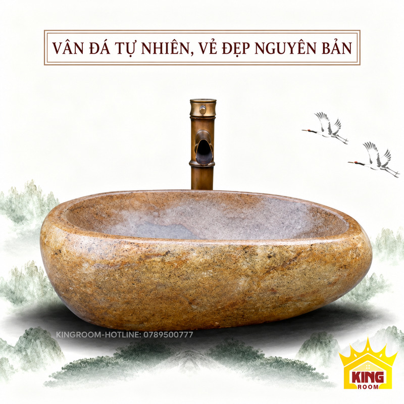 Chậu lavabo đá cuội tự nhiên đặt bàn tông vàng nâu, lòng be sáng