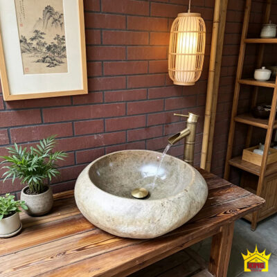 Chậu đá sáng phối bàn gỗ, tường gạch và ánh đèn ấm