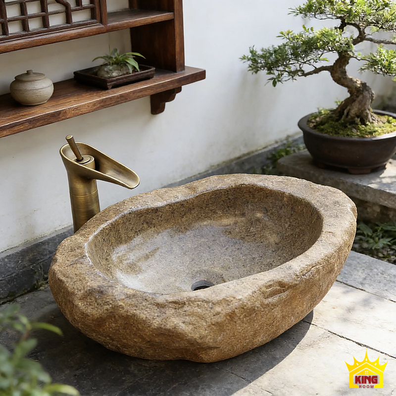 Lavabo đá cuội vàng be – Chậu đá tông vàng be phối vòi tông đồng và bệ đá sáng Chậu đá tông vàng be phối vòi tông đồng và bệ đá sáng