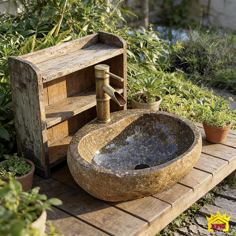 Lavabo đá cuội vàng be – Chậu tông vàng nâu đặt trên bệ gỗ cạnh mảng cây xanh Chậu tông vàng nâu đặt trên bệ gỗ cạnh mảng cây xanh