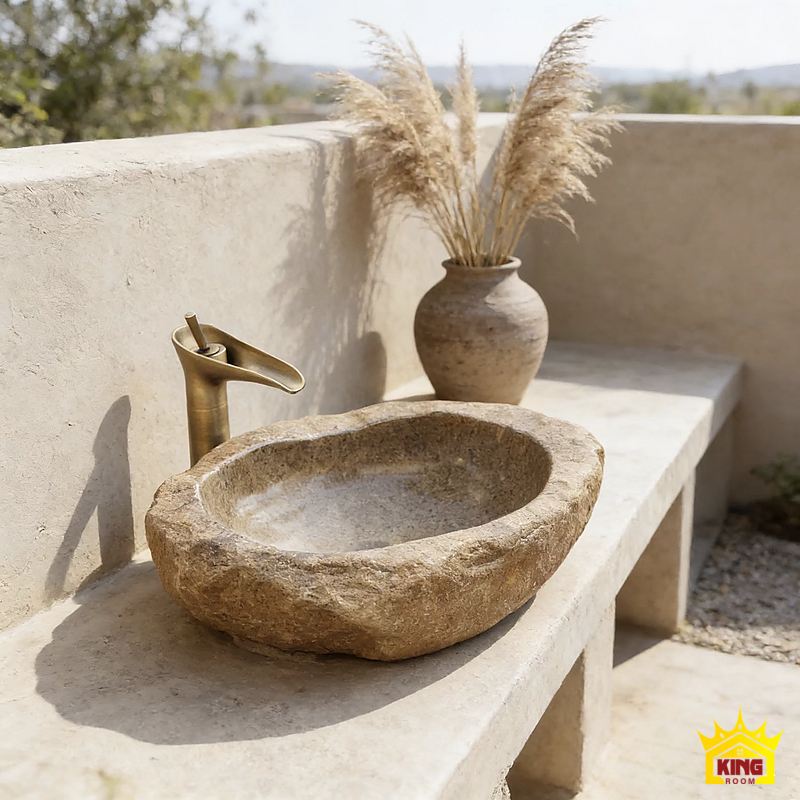 Lavabo đá cuội vàng be – Chậu màu be sáng đặt trên bệ tường, phối bình trang trí mộc Chậu màu be sáng đặt trên bệ tường, phối bình trang trí mộc