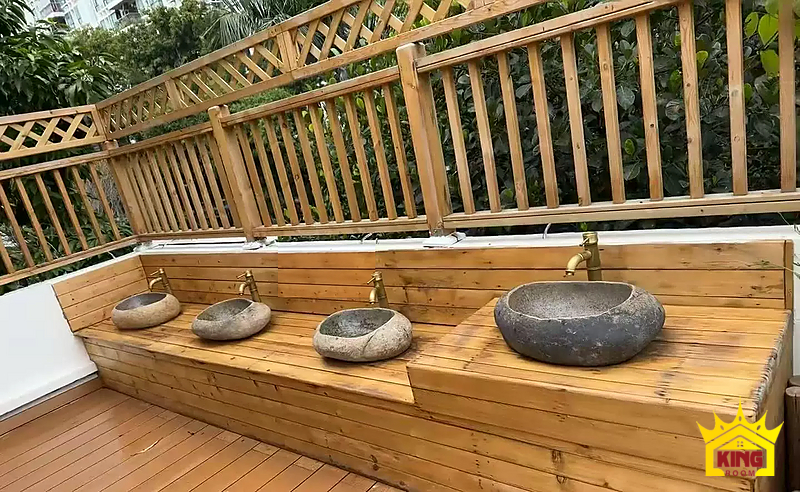 Lavabo đá cuội vàng nâu – Nhóm chậu đá đặt trên bệ gỗ theo các vị trí sử dụng Nhóm chậu đá đặt trên bệ gỗ theo các vị trí sử dụng