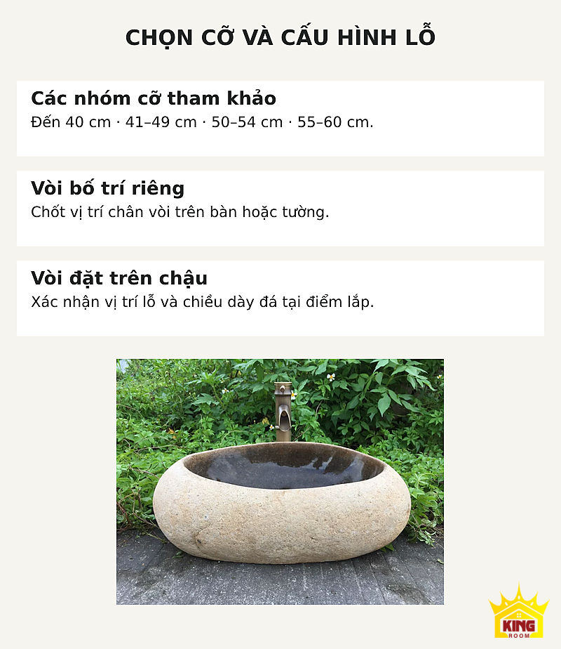 Lavabo đá cuội vỏ sáng lòng sẫm – Các nhóm cỡ và cấu hình lỗ để tham khảo trước khi chọn chậu Các nhóm cỡ và cấu hình lỗ để tham khảo trước khi chọn chậu