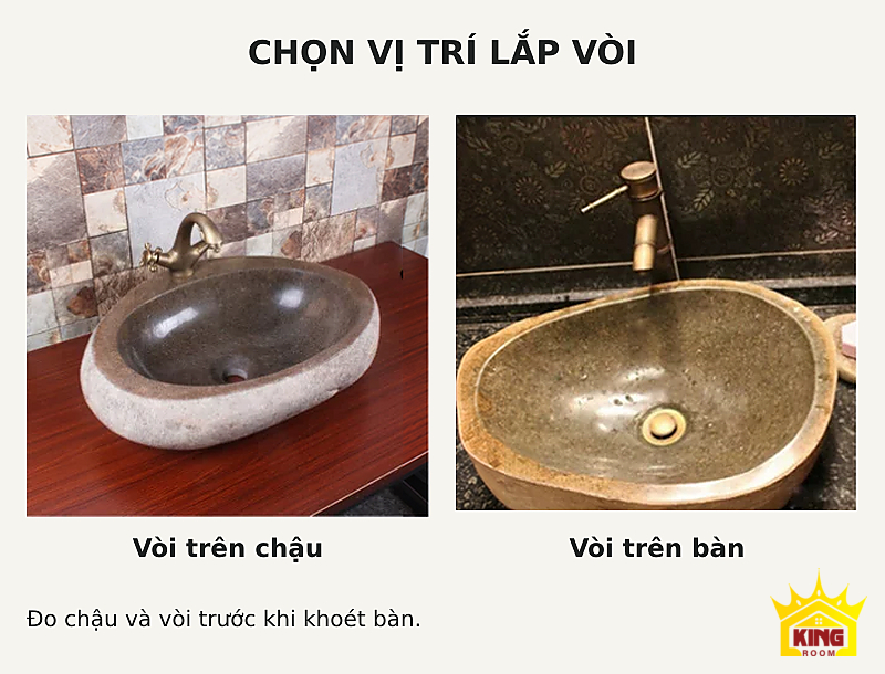 Lavabo đá cuội vỏ sáng lòng sẫm – Hai cách bố trí vòi trên chậu hoặc trên mặt bàn để đối chiếu cấu hình Hai cách bố trí vòi trên chậu hoặc trên mặt bàn để đối chiếu cấu hình