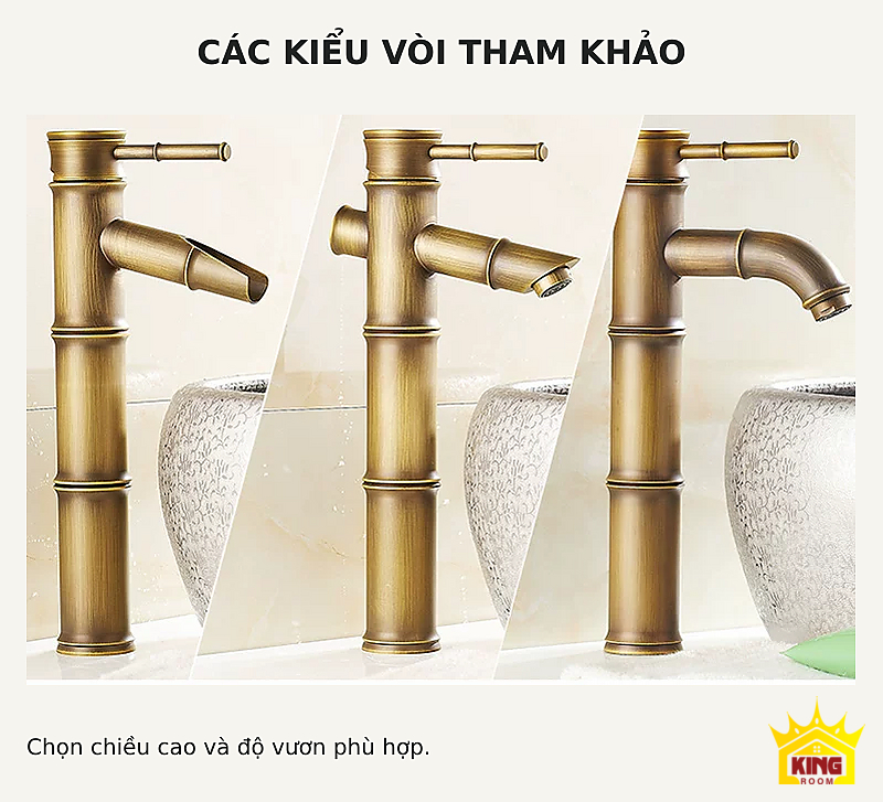 Lavabo đá cuội vỏ sáng lòng sẫm – Ba kiểu vòi tông đồng để tham khảo độ cao và khoảng vươn Ba kiểu vòi tông đồng để tham khảo độ cao và khoảng vươn