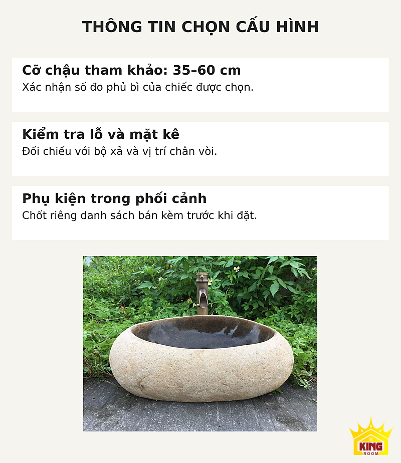 Lavabo đá cuội vỏ sáng lòng sẫm – Thông tin chọn cỡ và phụ kiện, cần đo theo chiếc chậu thực tế Thông tin chọn cỡ và phụ kiện, cần đo theo chiếc chậu thực tế