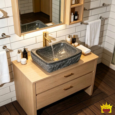 Chậu vuông bo góc đặt trên tủ gỗ ngăn kéo dưới gương