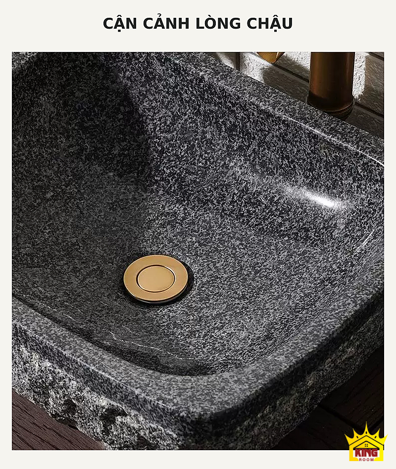 Lavabo đá cuội vuông bo góc – Cận cảnh vùng lòng mài nhẵn và vị trí xả của chậu xám muối tiêu Cận cảnh vùng lòng mài nhẵn và vị trí xả của chậu xám muối tiêu