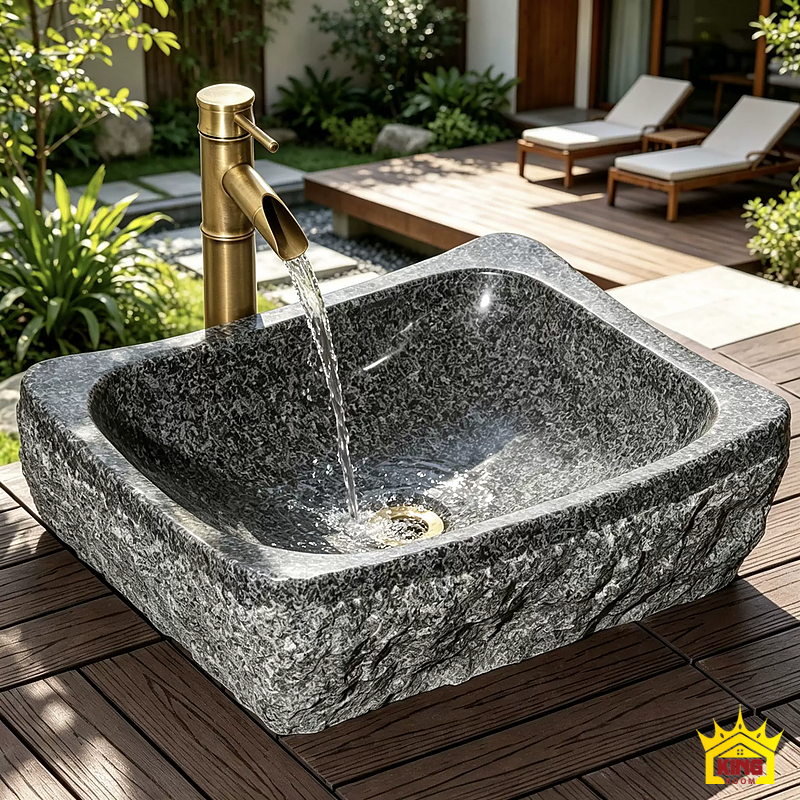 Lavabo đá cuội vuông bo góc – Chậu vuông bo góc phối vòi tông đồng trên bàn gỗ cạnh sân vườn Chậu vuông bo góc phối vòi tông đồng trên bàn gỗ cạnh sân vườn