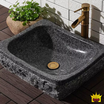 Ảnh cận chậu vuông bo góc xám muối tiêu phối vòi màu đồng