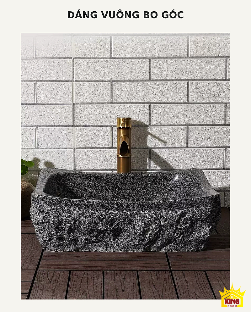 Lavabo đá cuội vuông bo góc – Góc chính diện cho thấy miệng bo góc và thành đá mộc của chậu Góc chính diện cho thấy miệng bo góc và thành đá mộc của chậu