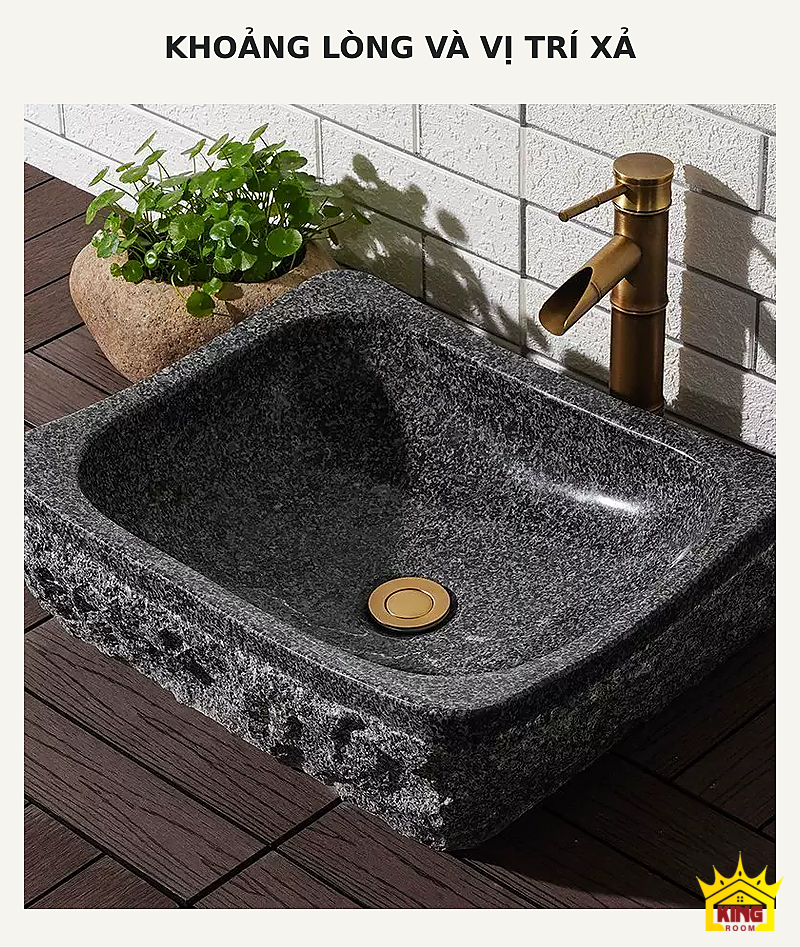 Lavabo đá cuội vuông bo góc – Góc từ trên thể hiện vùng lòng chậu và khoảng đặt vòi phía sau Góc từ trên thể hiện vùng lòng chậu và khoảng đặt vòi phía sau