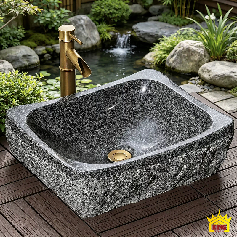 Lavabo đá cuội vuông bo góc – Chậu xám muối tiêu nhìn nghiêng trong gợi ý phối cùng gỗ và cây xanh Chậu xám muối tiêu nhìn nghiêng trong gợi ý phối cùng gỗ và cây xanh