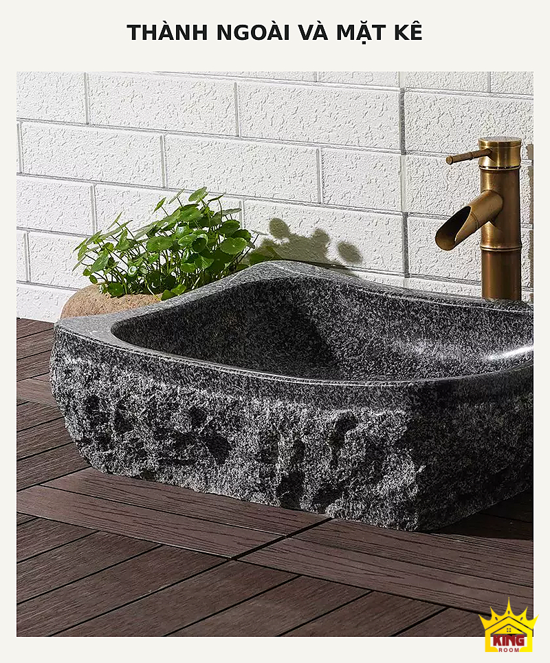 Lavabo đá cuội vuông bo góc – Mặt bên chậu vuông bo góc thể hiện bề mặt thô bên ngoài Mặt bên chậu vuông bo góc thể hiện bề mặt thô bên ngoài