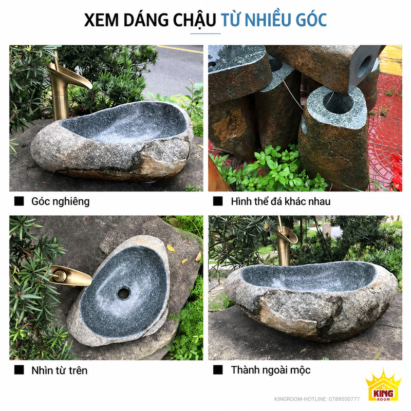 Ba góc nhìn của chậu lavabo đá cuội lòng xám xanh cùng ảnh các khối đá có hình thể khác nhau