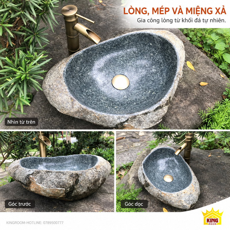 Chi tiết lòng, mép và miệng xả của lavabo đá cuội xám xanh qua góc từ trên, góc trước và góc dọc