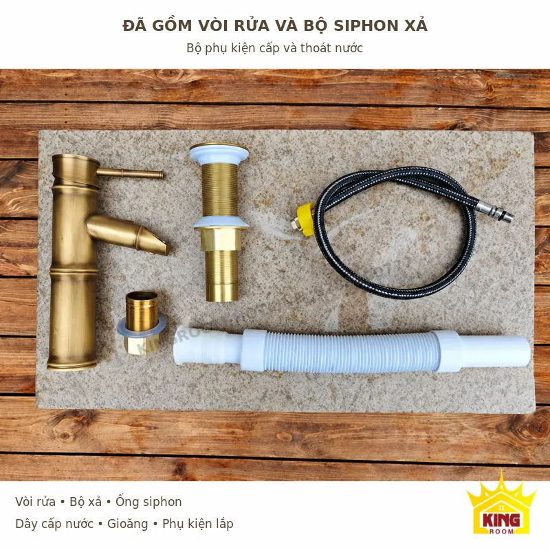Vòi rửa và bộ siphon xả đi kèm Bộ vòi rửa tông đồng, bộ xả, ống siphon trắng, dây cấp nước và gioăng của lavabo composite tròn