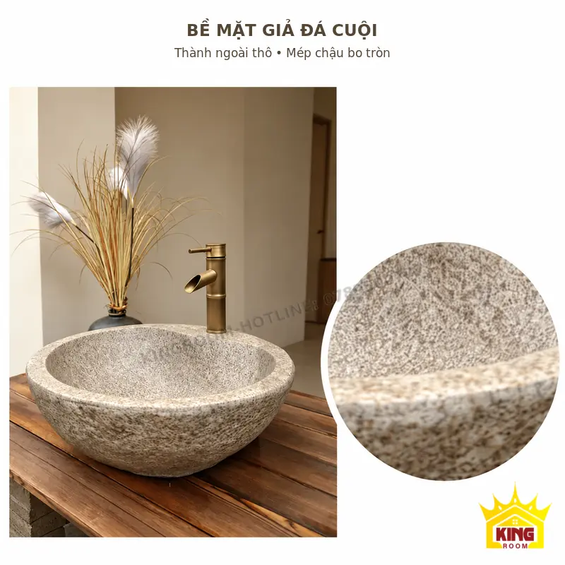 Bề mặt giả đá và đường mép chậu Thành ngoài thô giả đá cuội và phần mép bo tròn của chậu lavabo xi măng composite