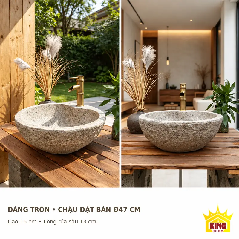 Hình dáng chậu đặt bàn cao 16 cm Chậu lavabo composite dạng bát tròn cao 16 cm, đường miệng bo và chân đáy thu nhỏ