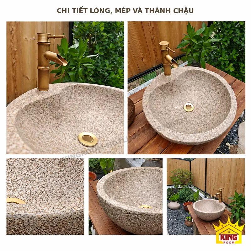 Chi tiết lòng rửa, mép và thành ngoài Các chi tiết lòng rửa, viền miệng, bộ xả và thành ngoài của chậu composite tròn giả đá cuội
