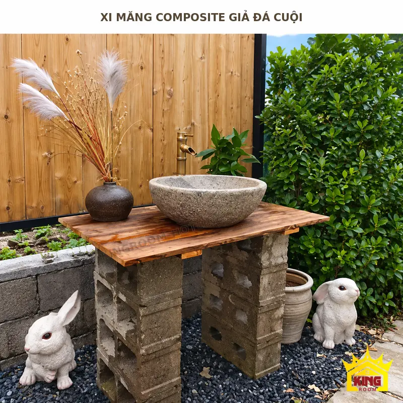 Dáng bát tròn và phần bàn kê chậu Lavabo composite giả đá cuội Ø47 cm dạng bát tròn đặt trên mặt bàn, phần đáy thu nhỏ