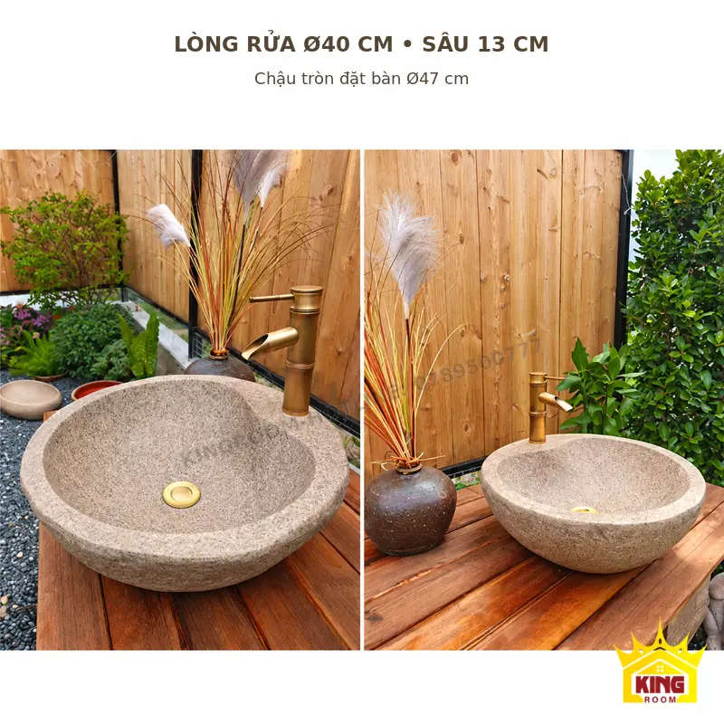 Lòng rửa Ø40 cm, sâu 13 cm Lòng rửa tròn màu be xám với bộ xả tông đồng, miệng bo dày và vòi kiểu ống tre