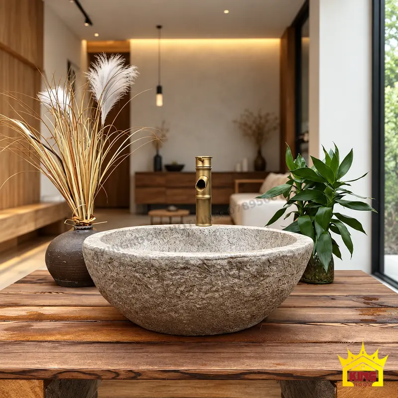 Lavabo composite giả đá cuội tròn Ø47 cm Chậu lavabo xi măng composite giả đá cuội dạng bát tròn, thành ngoài thô, phối vòi rửa tông đồng