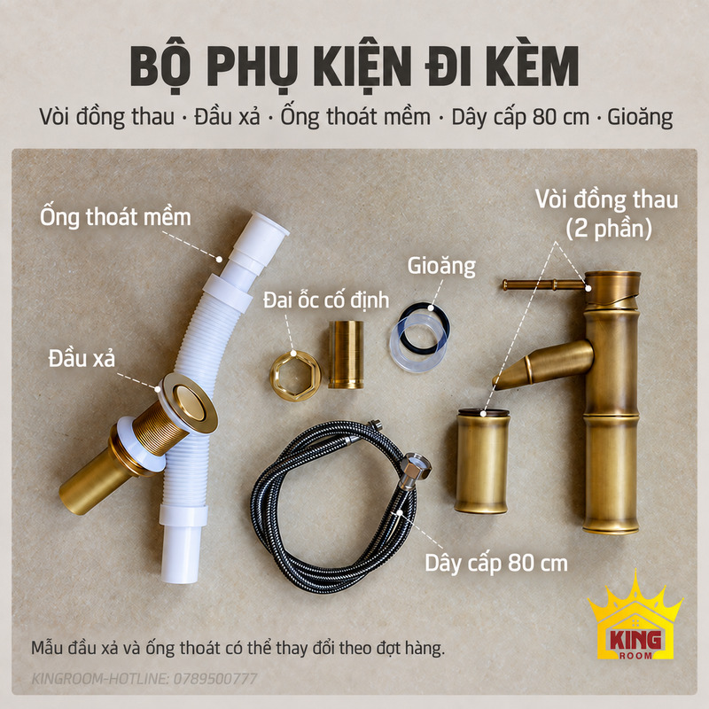 Phụ kiện lavabo gồm vòi đồng thau, đầu xả, ống thoát mềm, dây cấp 80 cm và gioăng