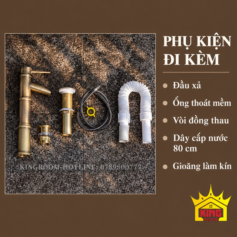 Bộ phụ kiện lavabo gồm vòi đồng thau, đầu xả, ống thoát mềm, dây cấp 80 cm và gioăng